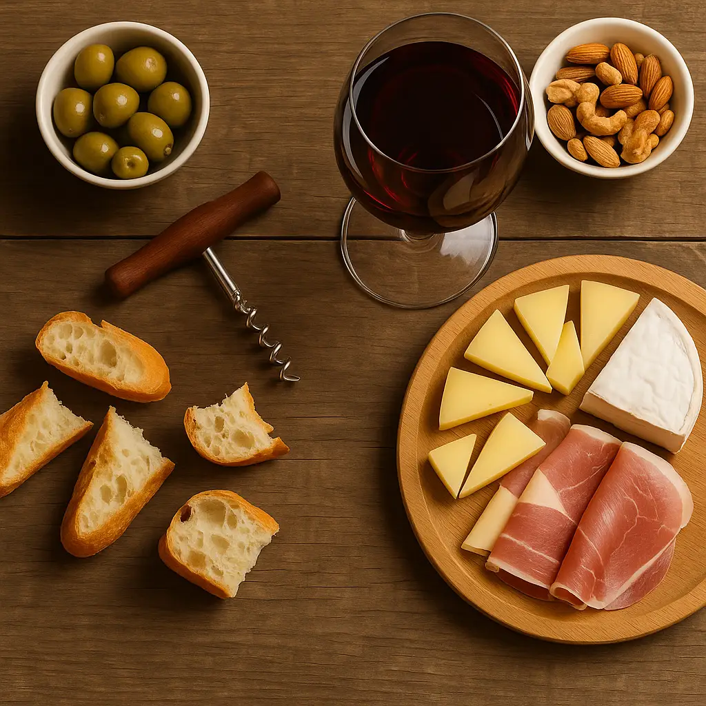 Tapas med vin, ost, skinke og brød.